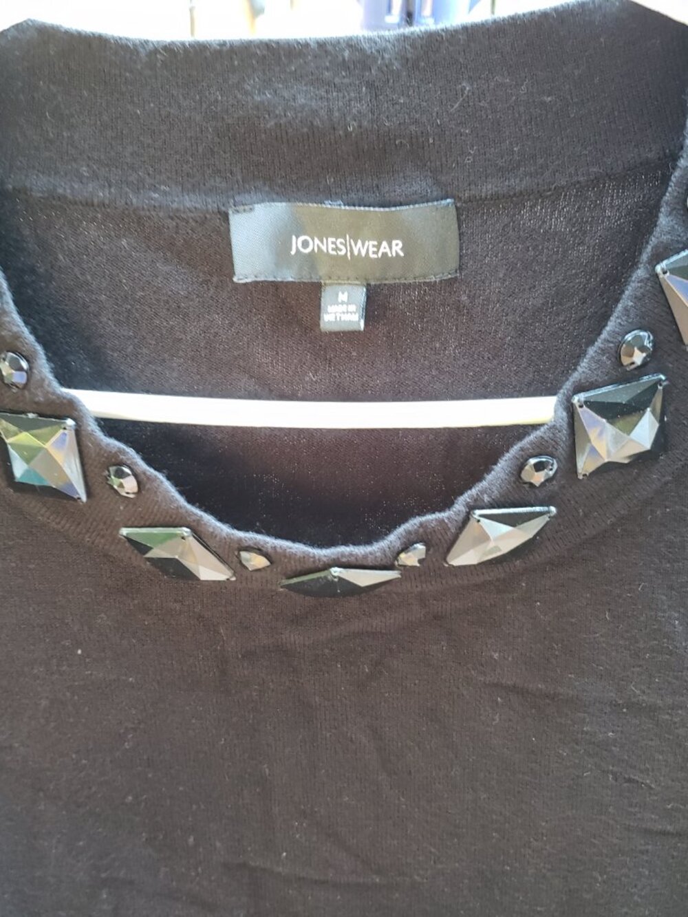 EUC JONES WEAR rayon blend gem embellished jet black top (M)